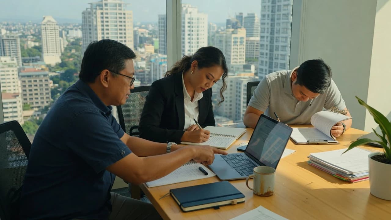 Illustrative scene of a small team working through papers and a laptop