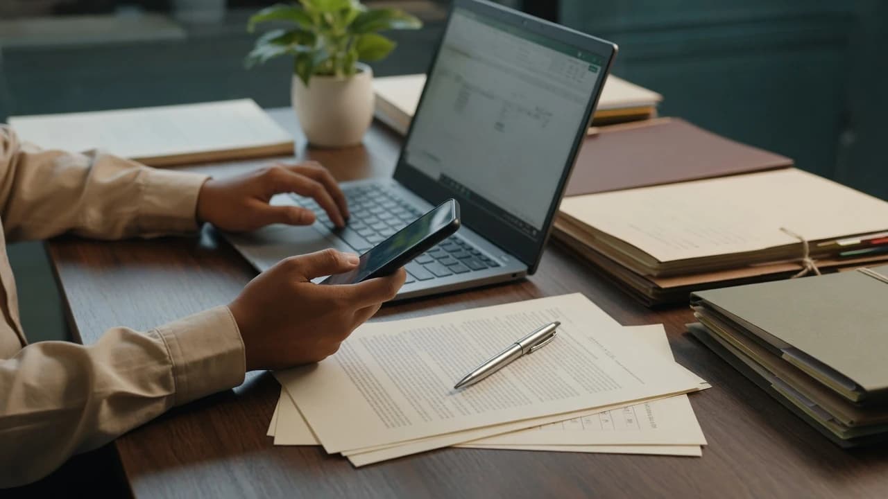 Illustrative scene of organized folders, a laptop, and a phone on a desk